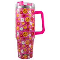 Stainless Steel Tumbler Cup - Happy Face Red Flower - 40oz