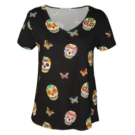 Sugar Skulls V Neck Top - Black