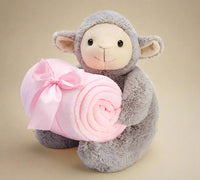 cute baby lamb and pink baby blanket set perfect for a  baby shower gift