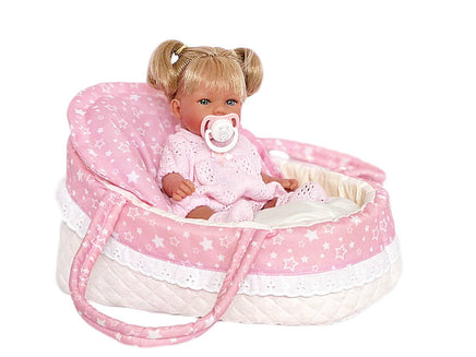 baby doll rosa with blond hair and a pink bassinet by ann lauren dolls