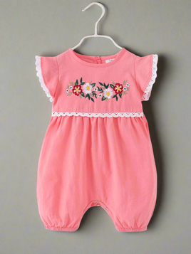 Baby Girls Boho Floral Embroidery Pink Romper