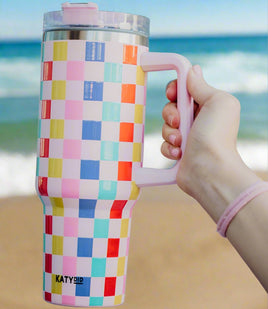 XL Tumbler Cup with Straw - Multi-Color Checker Print