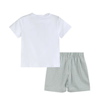 Toddler Boys Set -White Dinosaur Tee &  Green Gingham Shorts Set