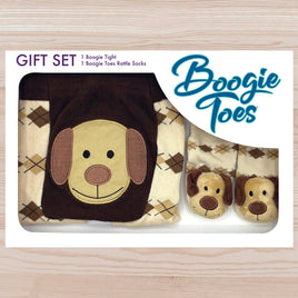 Brown Puppy Baby Leggings/ Rattle Socks- Matching Boxed Gift Set - Baby Clothing 6-12M