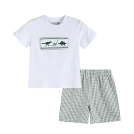 toddler boys 2 pc short and smocked dinosaur tee set