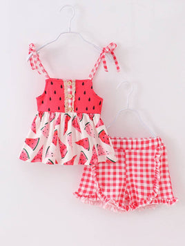 Girls Pink Summer Plaid Watermelon Print 2 Pc Short Set