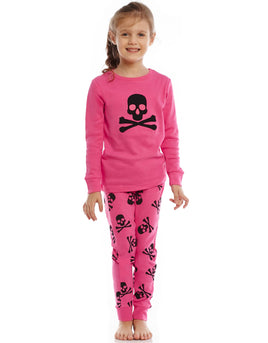 Girls 2 Pc Cotton Pajamas Fun Skull Print - Bright Pink