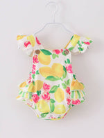 Summery Yellow Lemon Floral Baby Ruffle Romper 0-18M