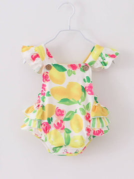 Summery Yellow Lemon Floral Baby Ruffle Romper 0-18M