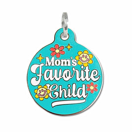 Mom's Favorite Child - Retro Dog ID Tag with Engraved QR Code / Blue