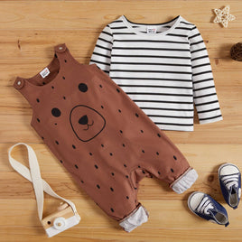 Striped Top & Baby Bear Overalls 2 Pc Set - Gender Neutral