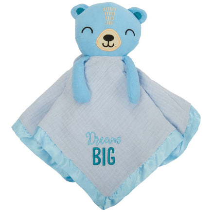 blue baby teddy bear lovey rattle with dream big embroidered on the front