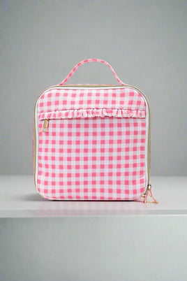 little girls lunch box pink plaid with ruffles