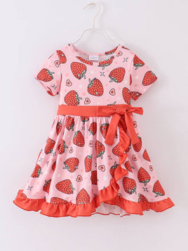 Little Girls Pink Strawberry Ruffle Dress