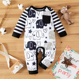 Baby Boy Cute Elephant Print Striped Long Sleeve Romper