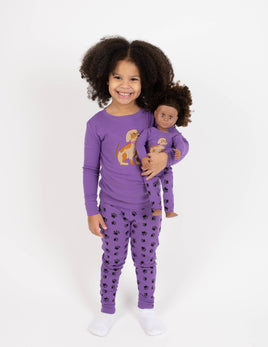 Little Girls Pajamas & Doll Matching 4 pc Pajama Set - Paw Print Purple