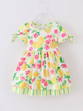 Little Girls Pretty Yellow Lemon & Floral Dress