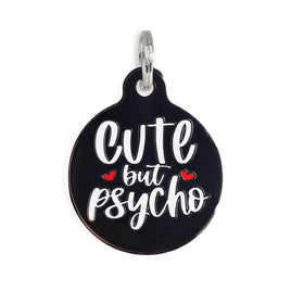 Pet ID Tag with engraved QR Code - Cute but Psycho - Black